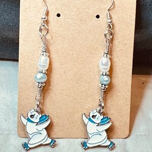 Genuine Pearl Dangle Earrings Stainless Steel Hooks Enamel Charm Polar Bear